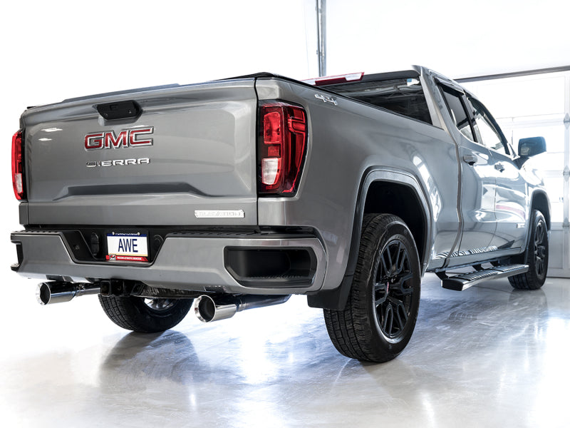 AWE Tuning 4th Gen GM 1500 5.3L 0FG Cat-Back Split Rear Exit (Flat Bumper) - Quad Chrome Tips