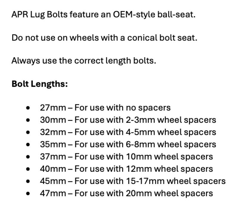 APR Lug Bolts - Use w/12mm Spacers - 40mm - Black (Set of 10)