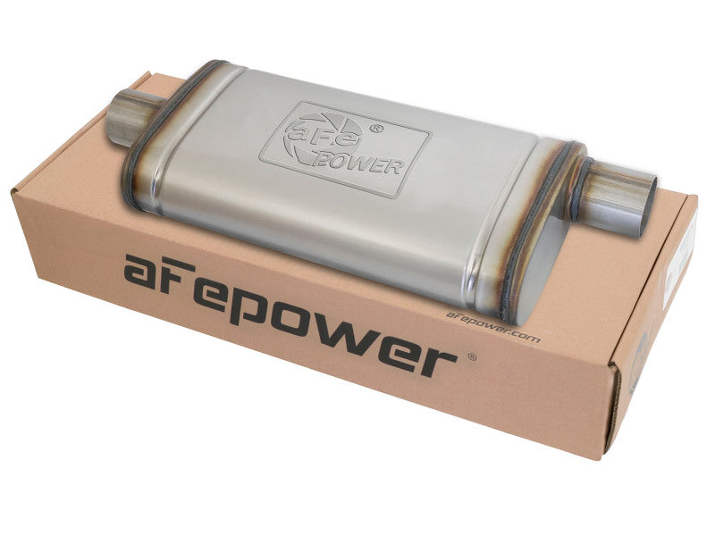 aFe MACHForce XP SS Muffler 2.5in Center Inlet / 2.5in Offset Outlet 18in L x 9in W x4in H Body